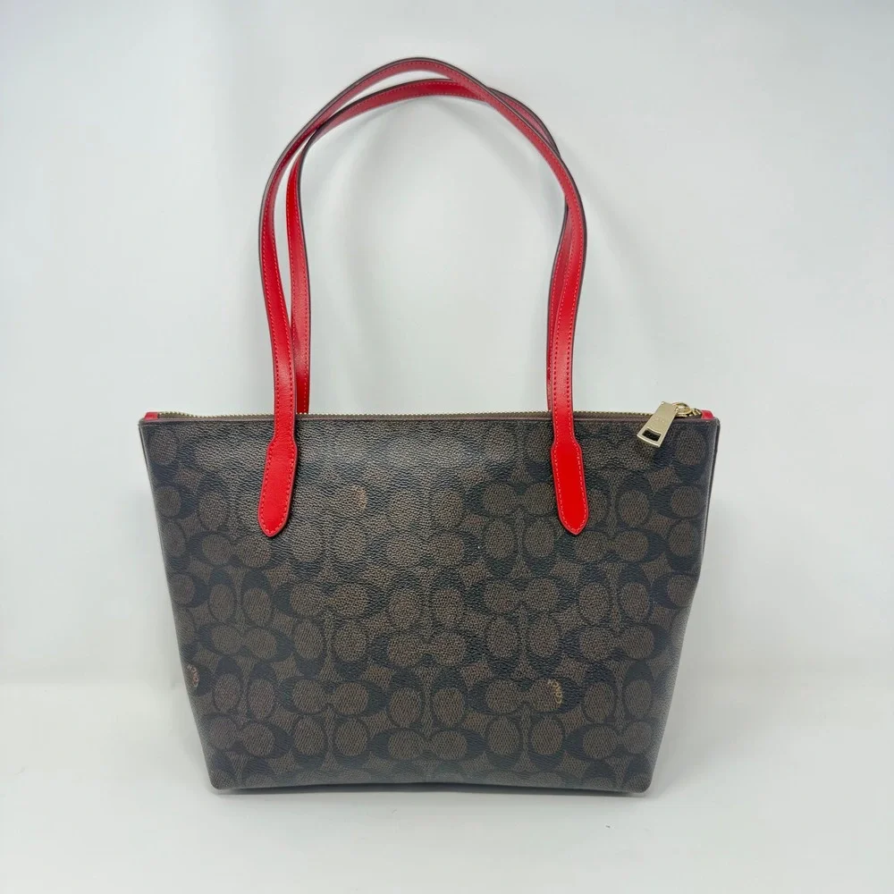 Coach Zip Top Tote Signature Canvas Brown Red CX611 Shoulder Bag
